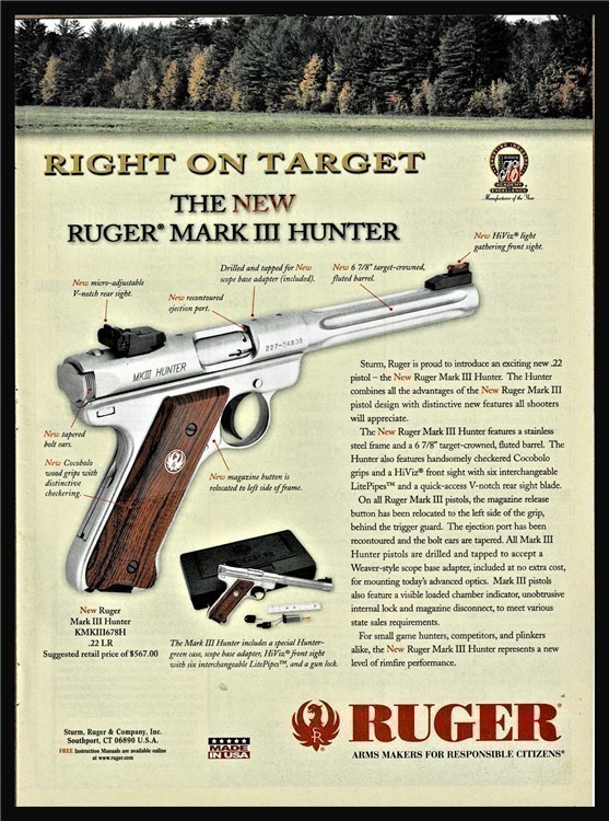 2005 RUGER Mark IIIHunter .22 L.R. Pistol Photo Print AD-img-0