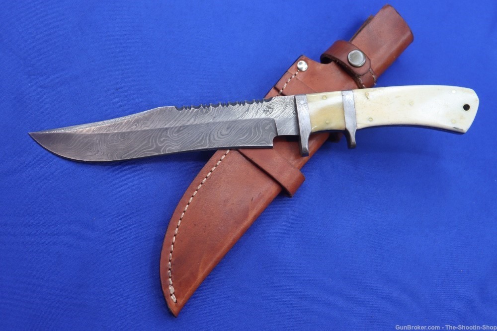 Knives Ranch Custom Bowie Knife Damascus Blade Hunter Bone Handle Leather -img-0