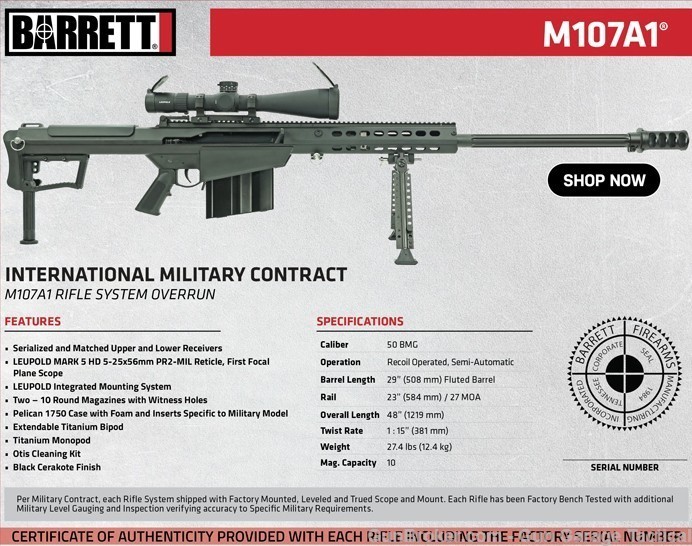 Barrett M107A1 MIL 29" BLK Military contract Over run Item With Paperwork-img-3