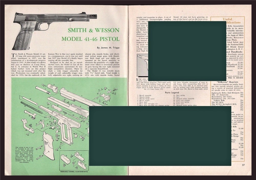 1961 SMITH  & WESSON 41 46 Pistol Parts  List Disassembly Assembly Article-img-0