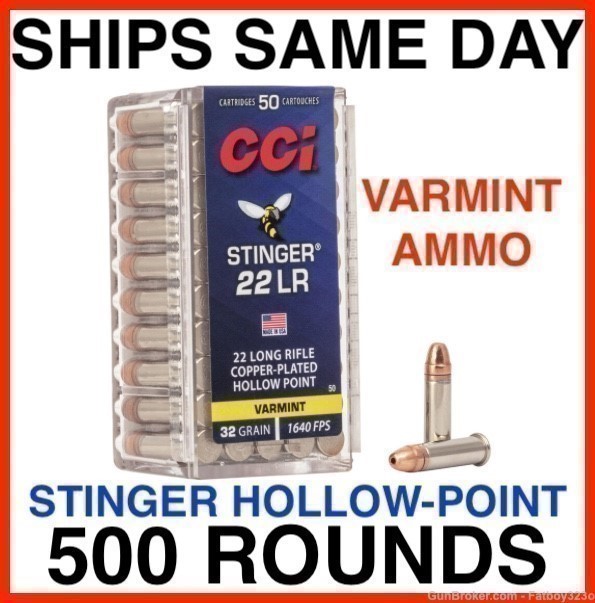 500 Rounds - CCI Stinger 22LR Ammo 32 Grain Copper Plated Hollow Point-img-0