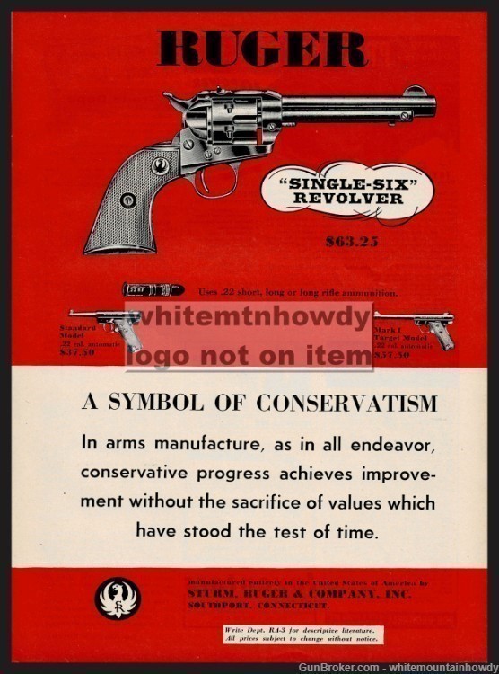 1955 RUGER Single-Six Revolver Print AD Advertising-img-0