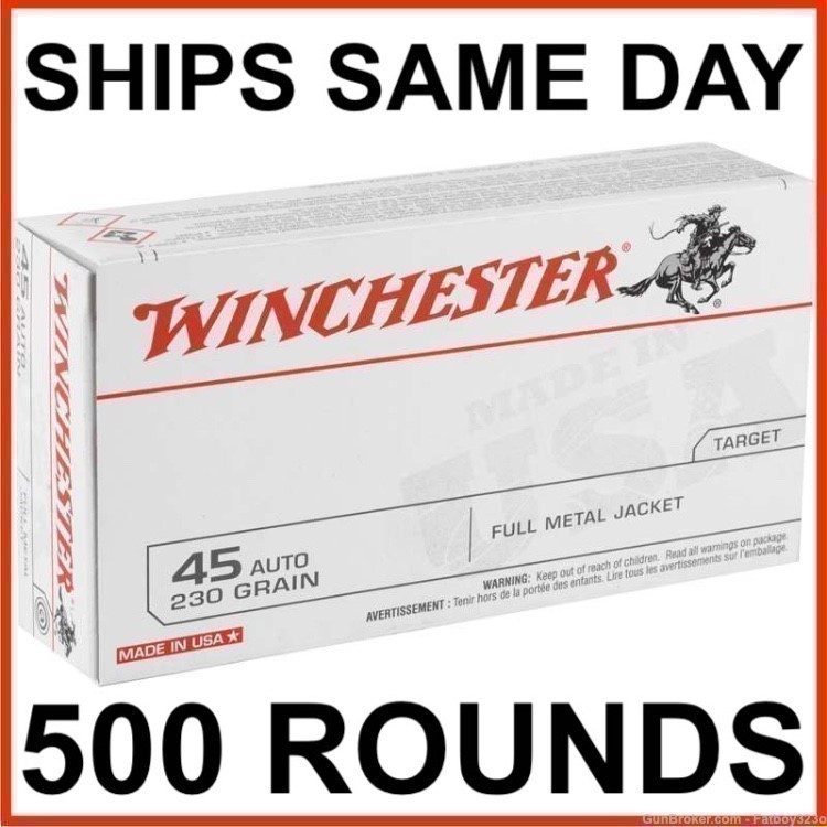 500 Rounds - Winchester USA 45 ACP AUTO Ammo 230 Grain Full Metal Jacket-img-0