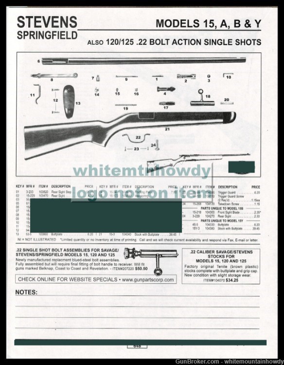1999 STEVENS 15, A, B, Y SPRINGFIELD 120/125 Single Shot Rifle  Parts List-img-0