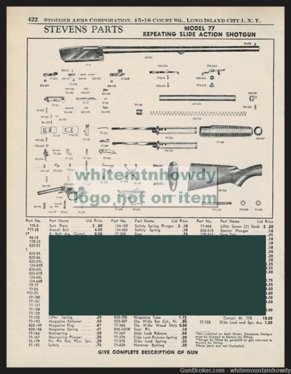 1958 STEVENS 77 Repeating Slide-Action Shotgun Parts List AD-img-0