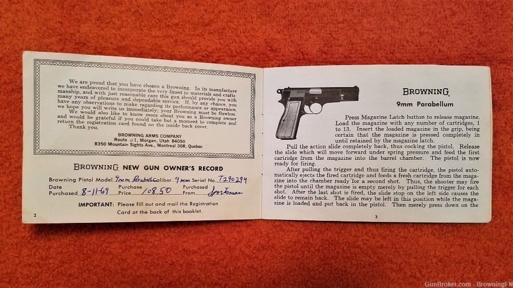 Original Browning 9mm Parabellum Owners Instruction Manual 1969-img-1