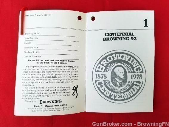 Orig Browning 92 Centennial Owners Instruction Manual 1978-img-1
