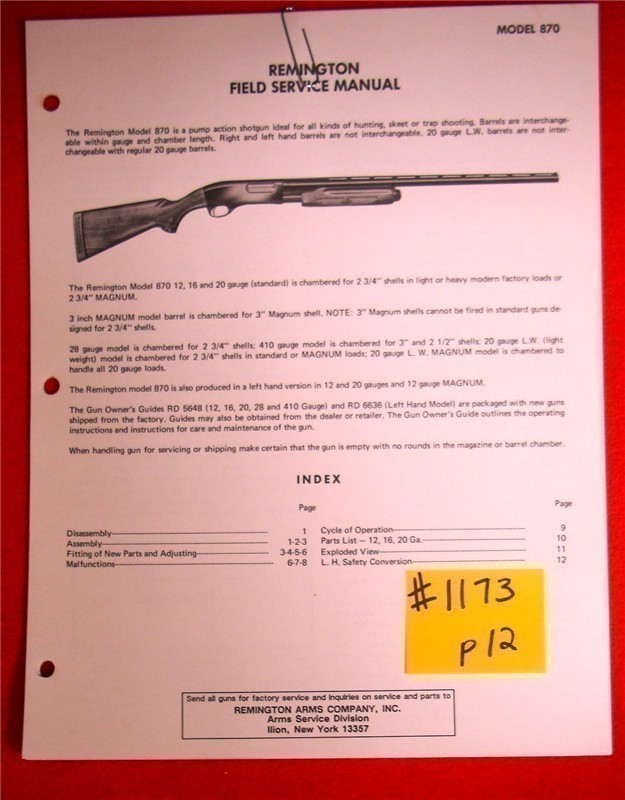 Original Remington Field Service Owners Instruction Manual Model 870-img-0