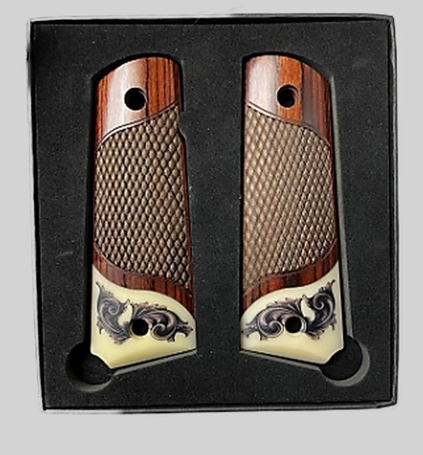 1911 Fits Colt Clones Grips Rosewood Scrim Scroll on Ivory accent.-img-3