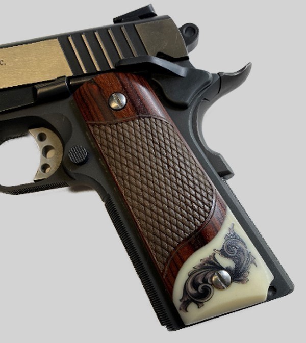 1911 Fits Colt Clones Grips Rosewood Scrim Scroll on Ivory accent.-img-2