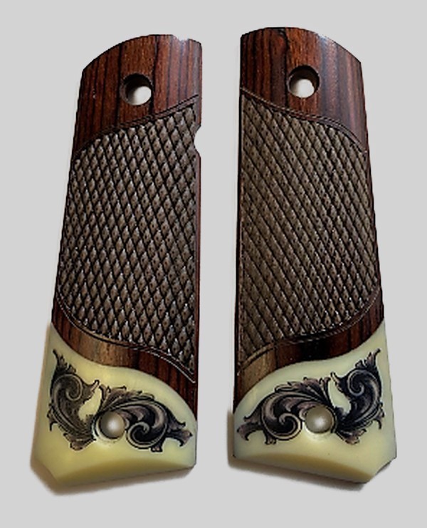 1911 Fits Colt Clones Grips Rosewood Scrim Scroll on Ivory accent.-img-0