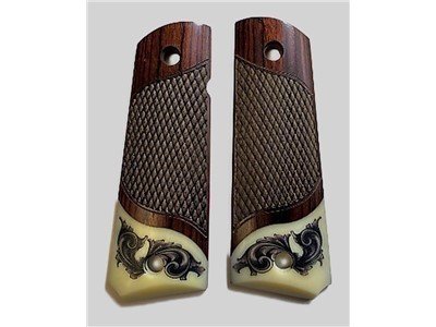 1911 Fits Colt Clones Grips Rosewood Scrim Scroll on Ivory accent.