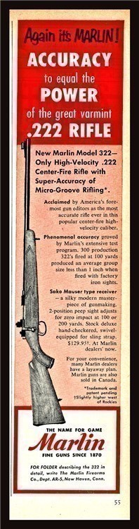 1955 MARLIN Model 322 Rifle PRINT AD-img-0