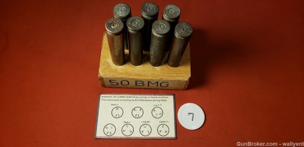 7 WW2 50BMG Brass Casings WWII Different Headstamps 50 Cal BMG B17 B24 #7-img-0