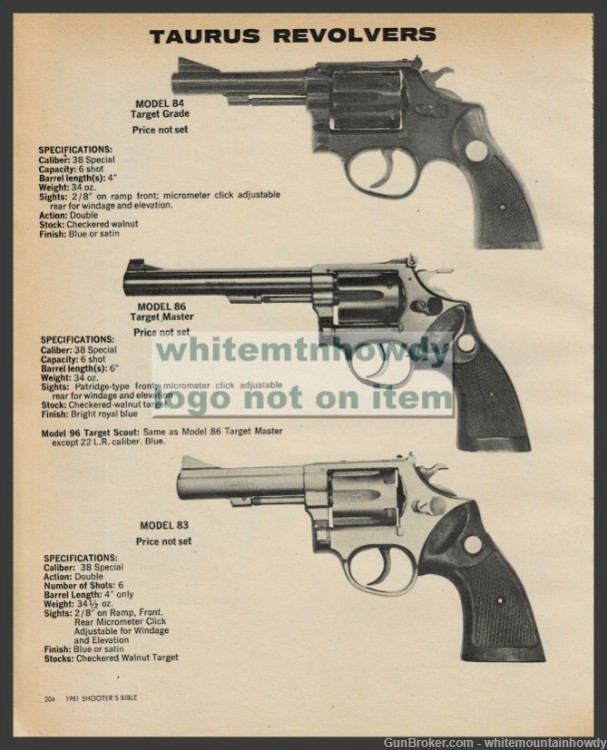 1981 Taurus Model 84 & 86 Target, 83 Revolver PRINT AD w/orig prices/specs-img-0