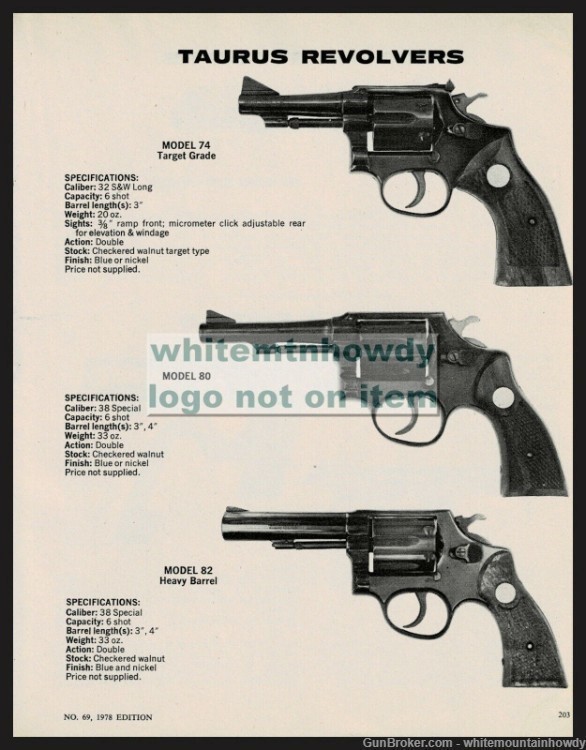 1978 TAURUS Model 74, 80, 82 Revolver PRINT AD Original Advertising-img-0