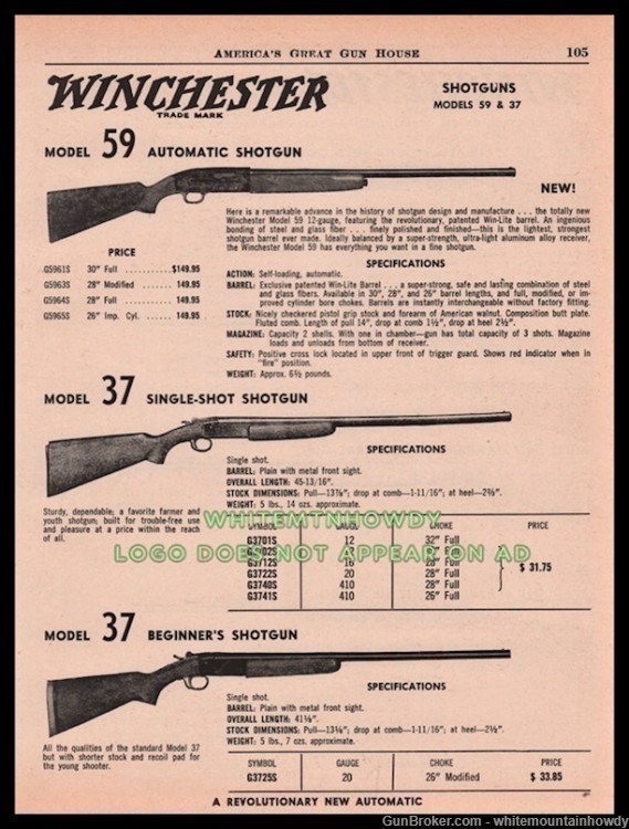 1961 WINCHESTER 59 & 37 Shotgun Print AD-img-0