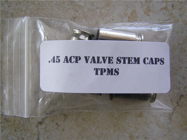 .45 ACP Tire Valve Stem Caps, TPMS Set of Five, Real Nickel Shells-img-0