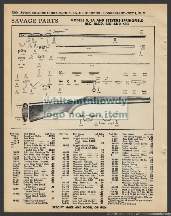 1961 SAVAGE 5, 5A STEVENS SPRINGFIELD 86C, 86CD 86D. 66C Rifle  Parts List-img-0