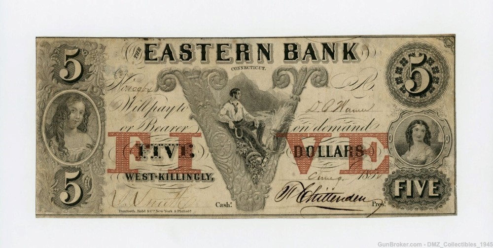 Antique 1850s $5 Connecticut Bank Note Currency Money-img-0