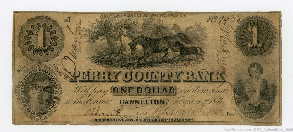 1850s $1 Indiana Bank Note Currency Money-img-0