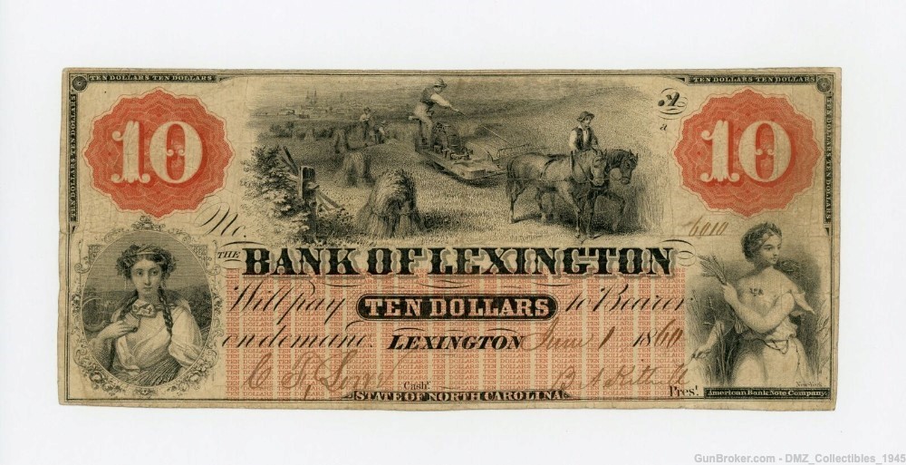 Civil War Era $10 North Carolina Bank Note Money Currency-img-0