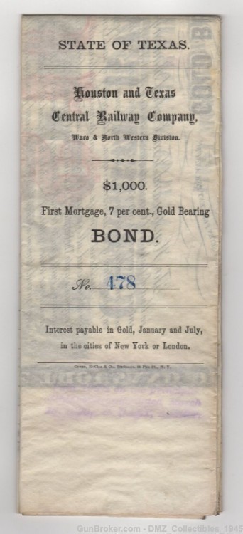 1873 Texas Railway Company Bond Signed by WE Dodge-img-4