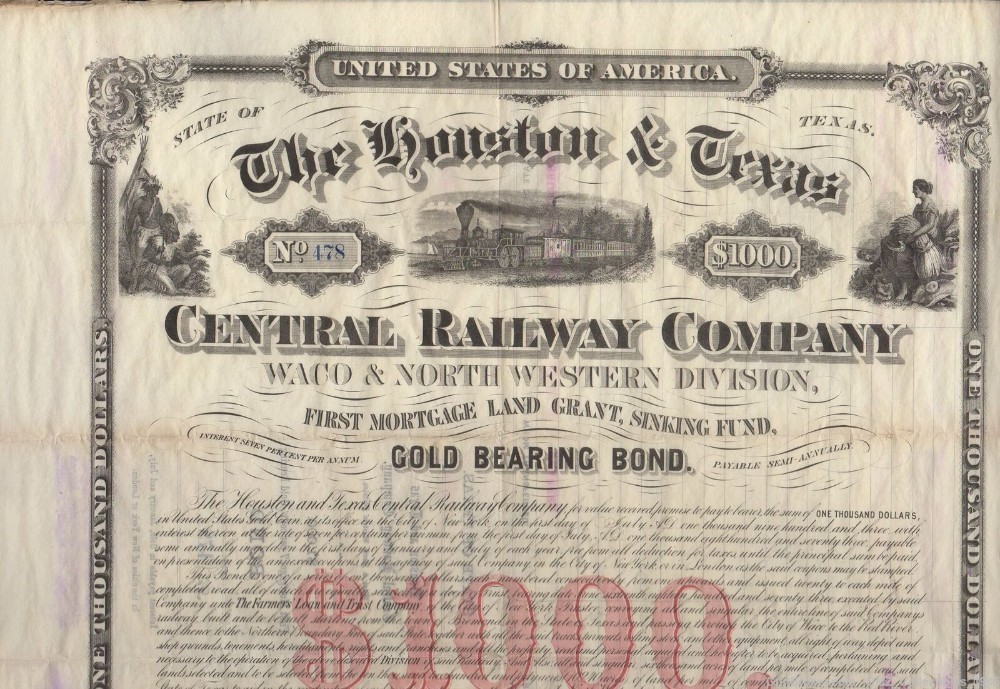 1873 Texas Railway Company Bond Signed by WE Dodge-img-0