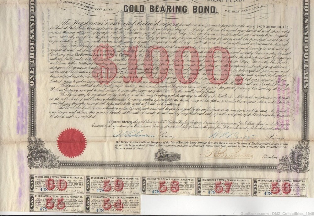 1873 Texas Railway Company Bond Signed by WE Dodge-img-1