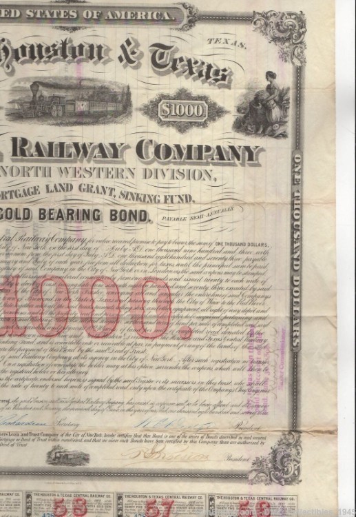 1873 Texas Railway Company Bond Signed by WE Dodge-img-2