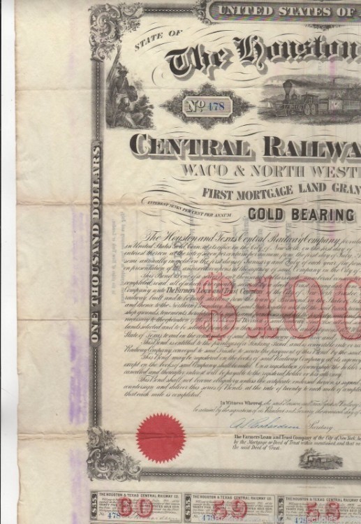 1873 Texas Railway Company Bond Signed by WE Dodge-img-3