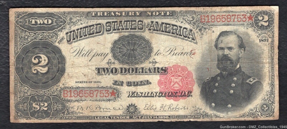 1891 US $2 McPherson Treasury Note Currency Money-img-0