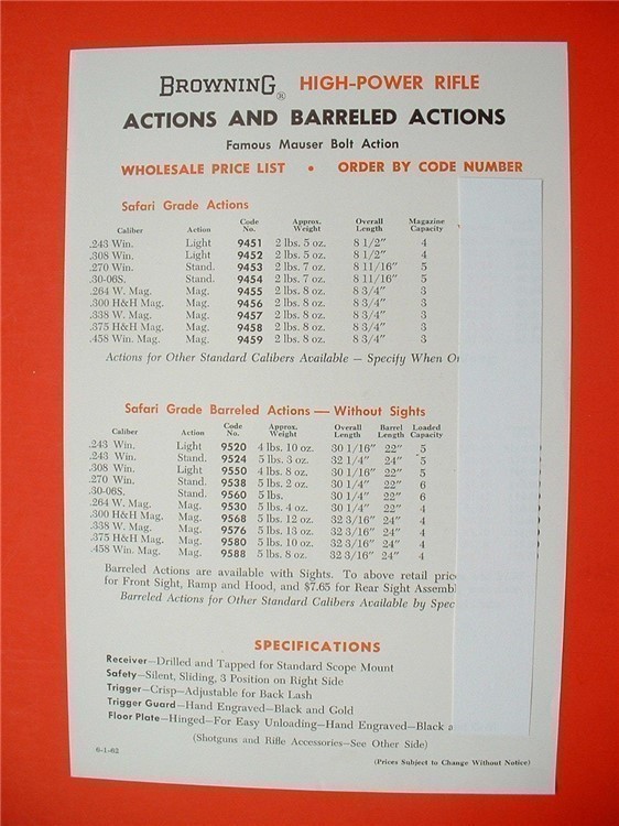 Scarce OEM 1962 BROWNING Catalog Companion Retail Price List Set- XLNT !-img-1
