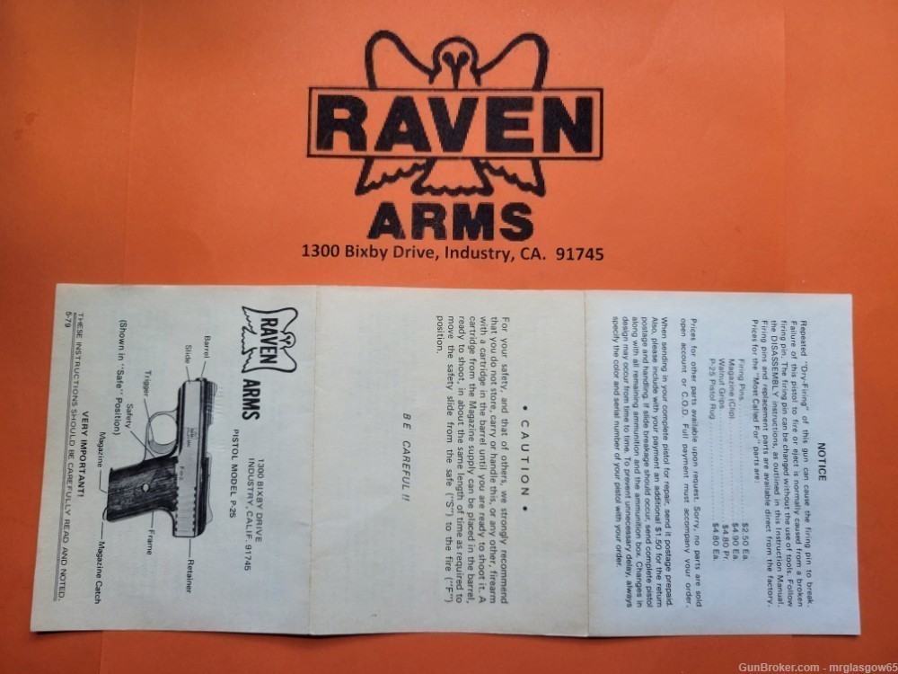 Raven Arms 2nd Generation Model P-25 P25 P 25 Owners Manual - Industry, CA -img-0