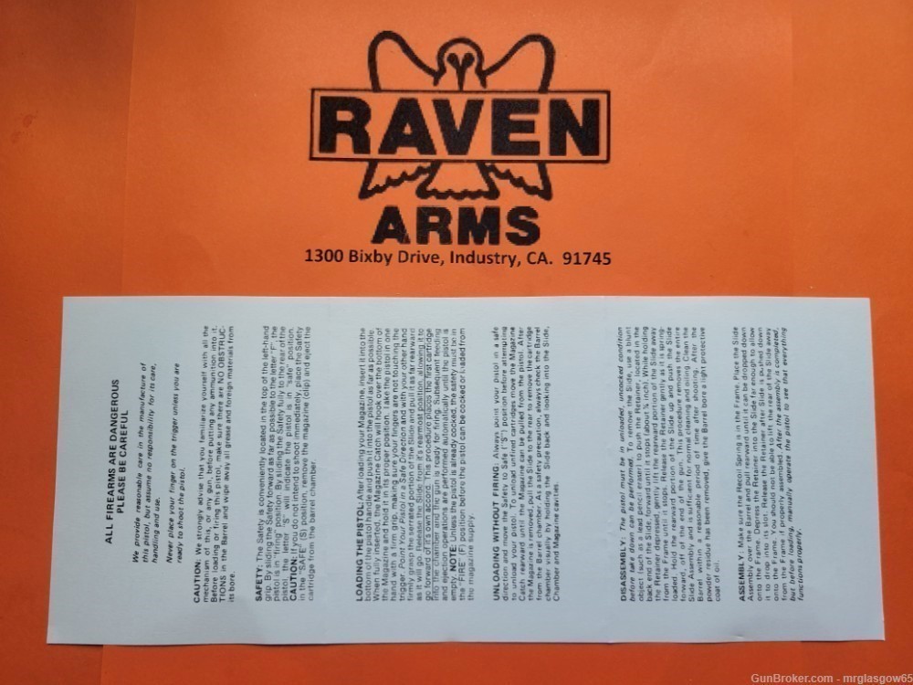 Raven Arms 2nd Generation Model P-25 P25 P 25 Owners Manual - Industry, CA -img-1