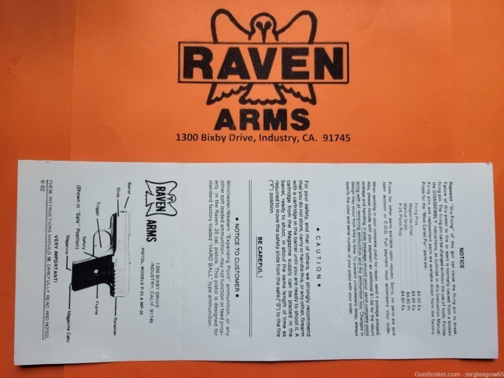 Raven Arms 2nd Generation Model P-25 P25 P 25 Owners Manual - Industry, CA -img-0
