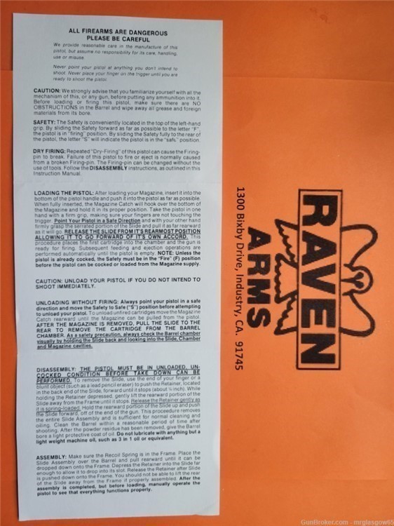 Raven Arms 3rd Generation Model P-25 P25 P 25 Owners Manual - Industry, CA -img-1