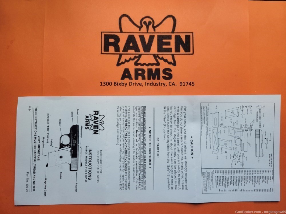 Raven Arms 3rd Generation Model P-25 P25 P 25 Owners Manual - Industry, CA -img-0