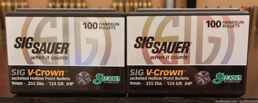 200 Sierra Sig V Crown 9mm 355 Bullets 124 grain JHP Vcrown 2 Boxes 124gr-img-0
