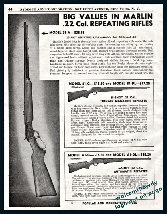 1945 MARLIN 39-A 81-C and A1-C .22 Repeating Rifle PRINT AD-img-0