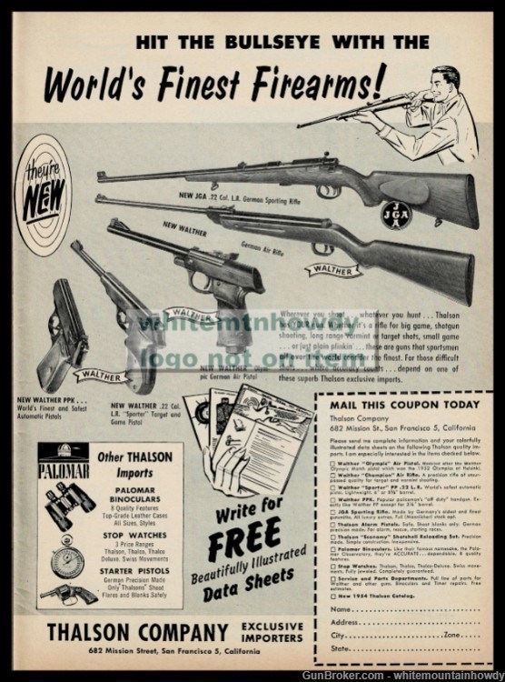 1954 JGA Sporting WALTHER 22 Air Rifle Olympic Air .22 Target PPK Pistol AD-img-0