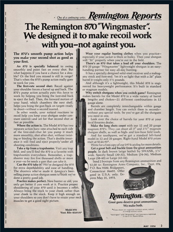 1974 REMINGTON 870 Wingmaster Pump Action Shotgun PRINT AD-img-0