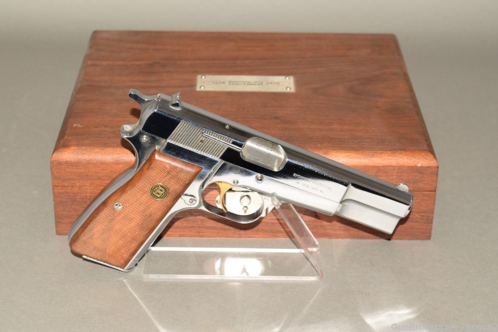 Superb Belgian Browning Hi Power Centennial Pistol Nickel w Box 9mm 1/3500-img-0