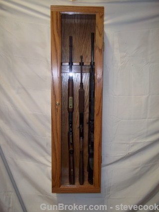 Locking Oak Wall Display Gun Cabinet for 4 Rifles-img-1