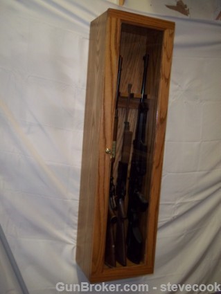 Locking Oak Wall Display Gun Cabinet for 4 Rifles-img-6