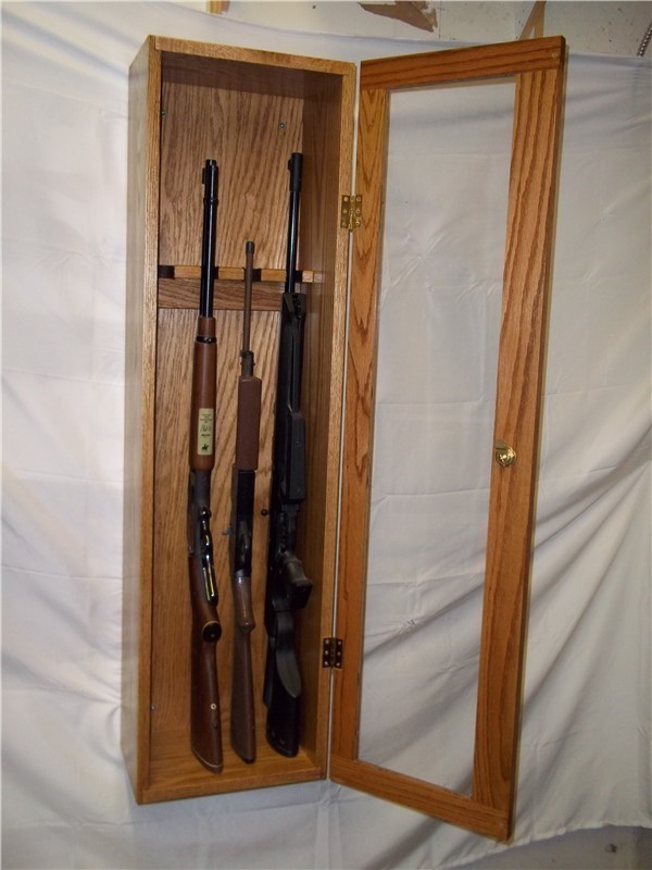 Locking Oak Wall Display Gun Cabinet for 4 Rifles-img-0