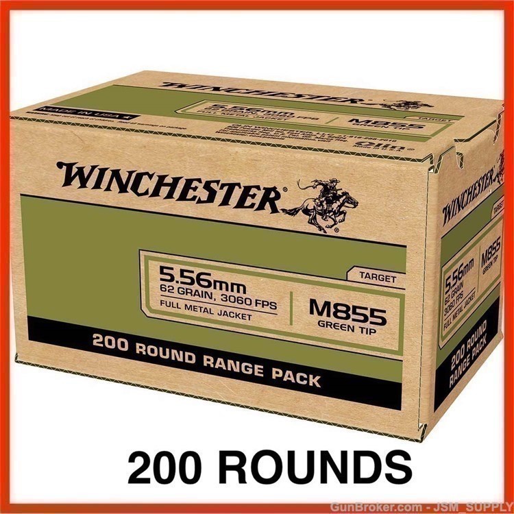 200 Rounds - Winchester 5.56mm M855 NATO Ammo 62 Grain Green Tip FMJ-img-0