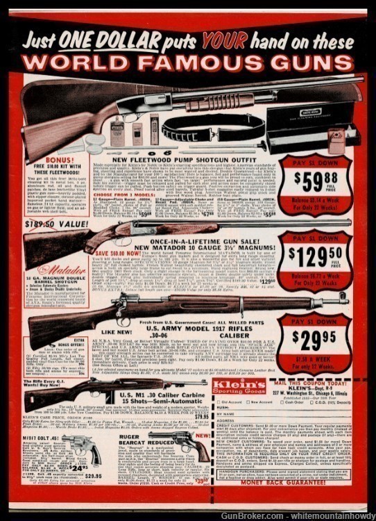 1961 FLEETWOOD Matador Shotgun Army 1911 and M1 Rifle Klein's AD-img-0