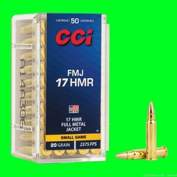 CCI 17 HMR 20 gr Small Game Full Metal Jacket Bullet 50 Round Box 55-img-0