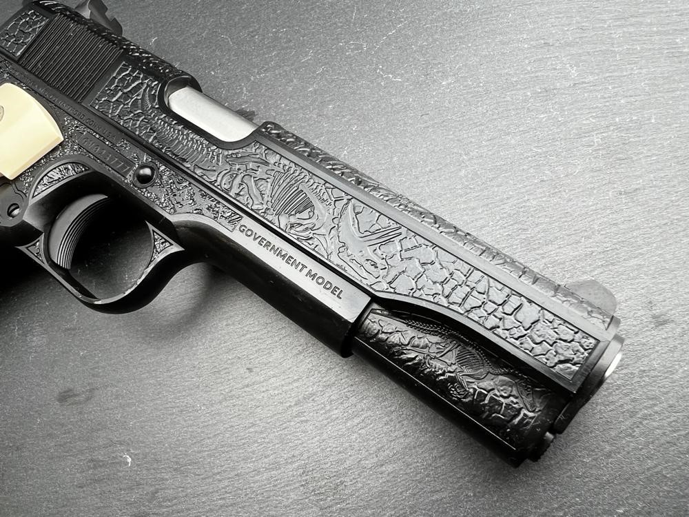 Colt 1911 Custom Engraved Dinosaur-Meteorite by Altamont Blued .45 ACP-img-17